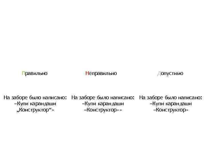Правильно Неправильно Допустимо На заборе было написано: «Купи карандаши „Конструктор“» «Конструктор» 