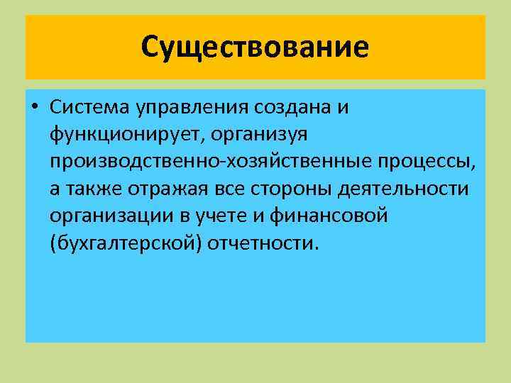 Существование • Система управления создана и функционирует, организуя производственно-хозяйственные процессы, а также отражая все