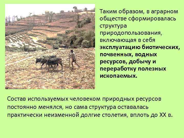 Таким образом, в аграрном обществе сформировалась структура природопользования, включающая в себя эксплуатацию биотических, почвенных,