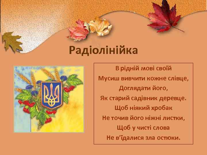 Радіолінійка В рідній мові своїй Мусиш вивчити кожне слівце, Доглядати його, Як старий садівник