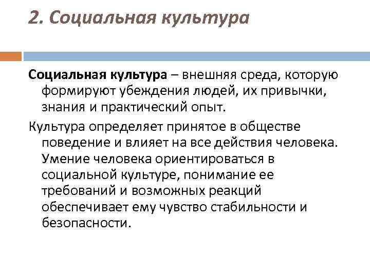 2. Социальная культура – внешняя среда, которую формируют убеждения людей, их привычки, знания и