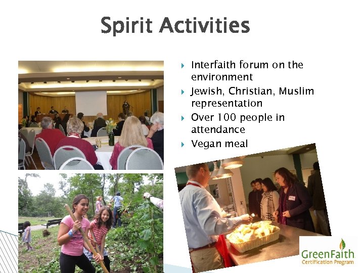 Spirit Activities Interfaith forum on the environment Jewish, Christian, Muslim representation Over 100 people