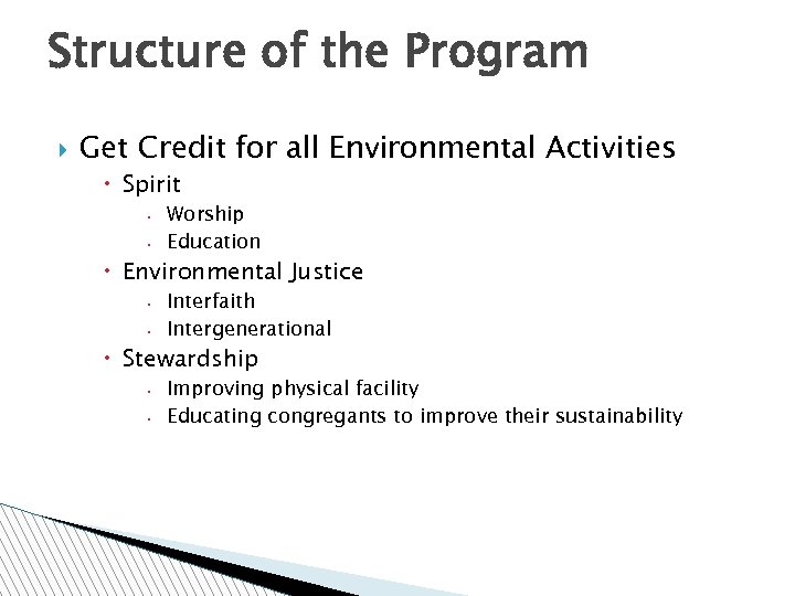 Structure of the Program Get Credit for all Environmental Activities Spirit Worship Education Environmental