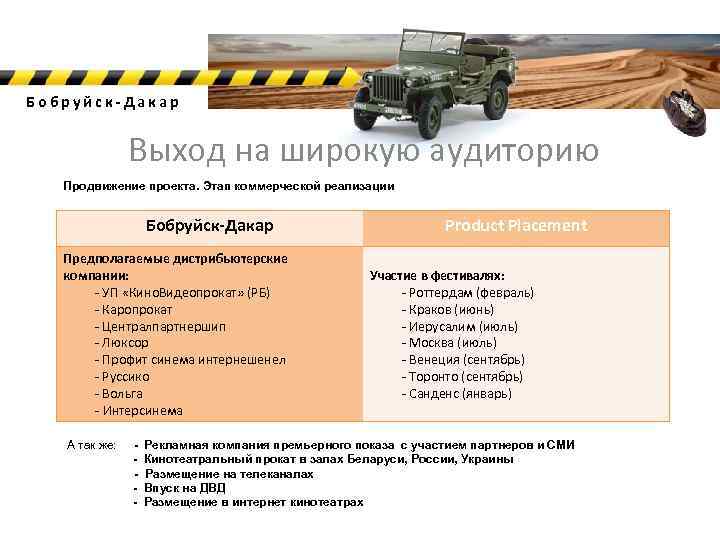 Бобруйск-Дакар Выход на широкую аудиторию Продвижение проекта. Этап коммерческой реализации Бобруйск-Дакар Предполагаемые дистрибьютерские компании: