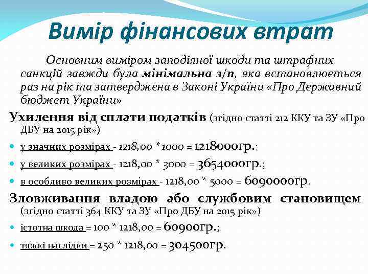 Вимір фінансових втрат Основним виміром заподіяної шкоди та штрафних санкцій завжди була мінімальна з/п,