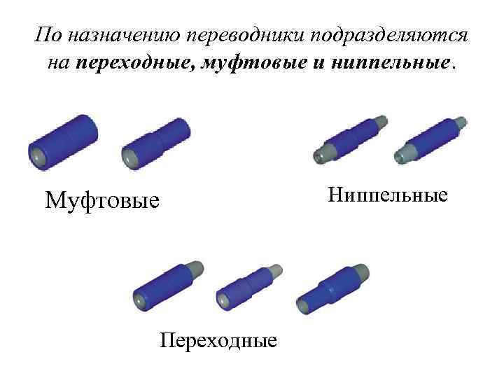 По назначению переводники подразделяются на переходные, муфтовые и ниппельные. Муфтовые Переходные Ниппельные 