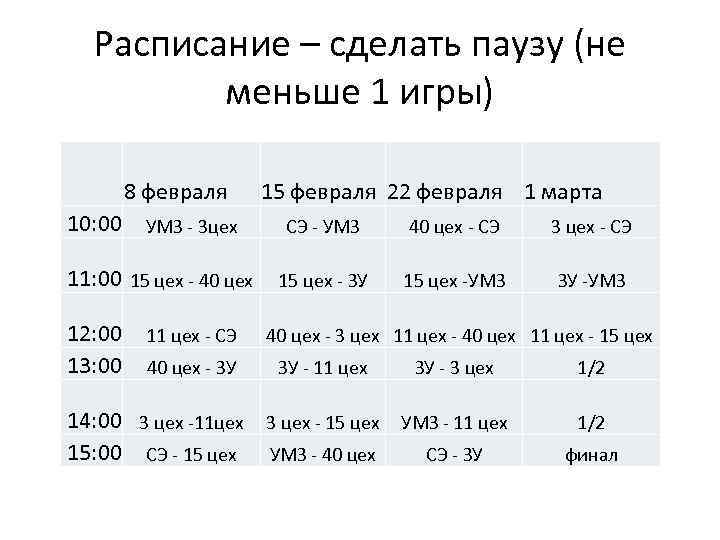 Расписание – сделать паузу (не меньше 1 игры) 8 февраля 10: 00 УМЗ -