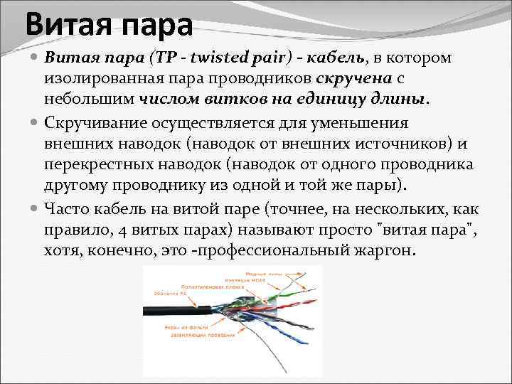 Витая пара (TP - twisted pair) - кабель, в котором кабель изолированная пара проводников