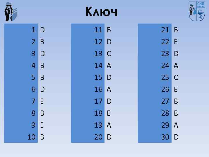 Ключ 1 2 3 4 5 6 7 8 9 10 D B B