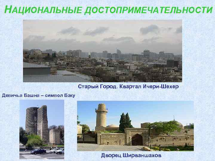 НАЦИОНАЛЬНЫЕ ДОСТОПРИМЕЧАТЕЛЬНОСТИ Старый Город. Квартал Ичери-Шехер Девичья Башня – символ Баку Дворец Ширваншахов 