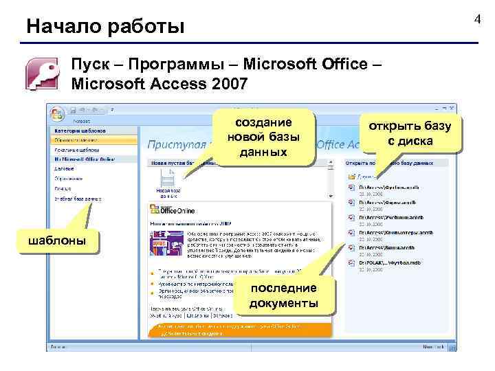 4 Начало работы Пуск – Программы – Microsoft Office – Microsoft Access 2007 создание