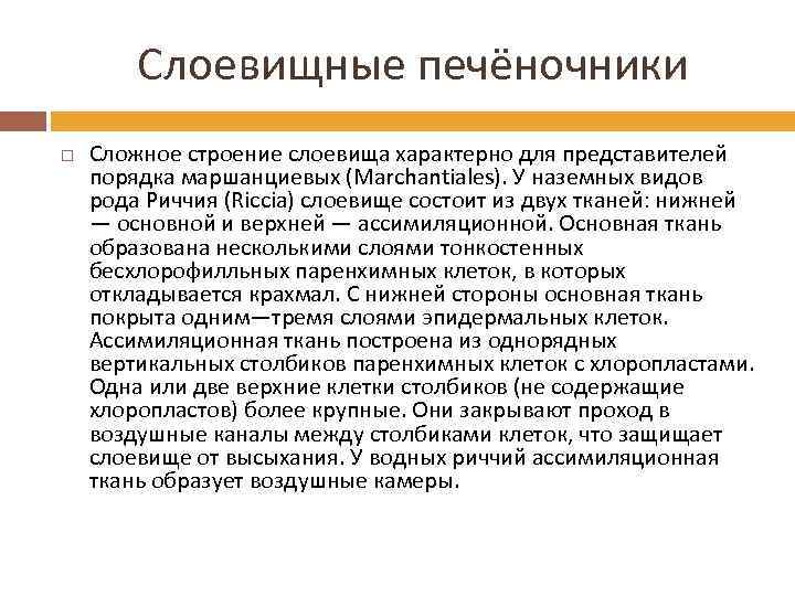  Слоевищные печёночники Сложное строение слоевища характерно для представителей порядка маршанциевых (Marchantiales). У наземных