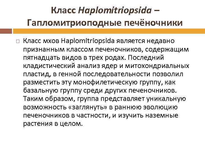 Класс Haplomitriopsida – Гапломитриоподные печёночники Класс мхов Haplomitriopsida является недавно признанным классом печеночников, содержащим