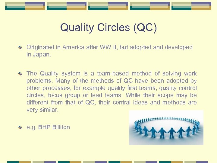 Quality Circles (QC) Originated in America after WW II, but adopted and developed in