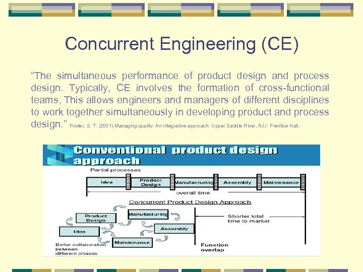 Concurrent Engineering (CE) “The simultaneous performance of product design and process design. Typically, CE