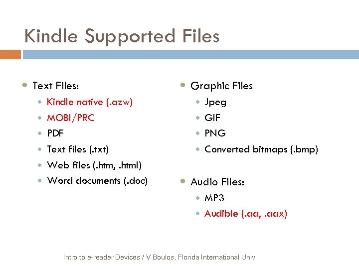 Kindle Supported Files Text Files: Graphic Files Kindle native (. azw) Jpeg MOBI/PRC GIF
