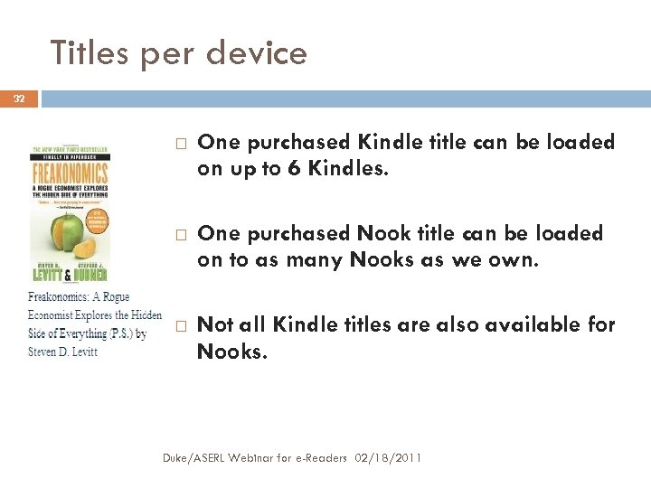 Titles per device 32 One purchased Kindle title can be loaded on up to