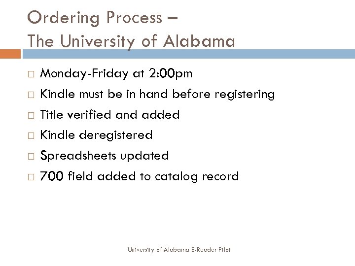 Ordering Process – The University of Alabama Monday-Friday at 2: 00 pm Kindle must