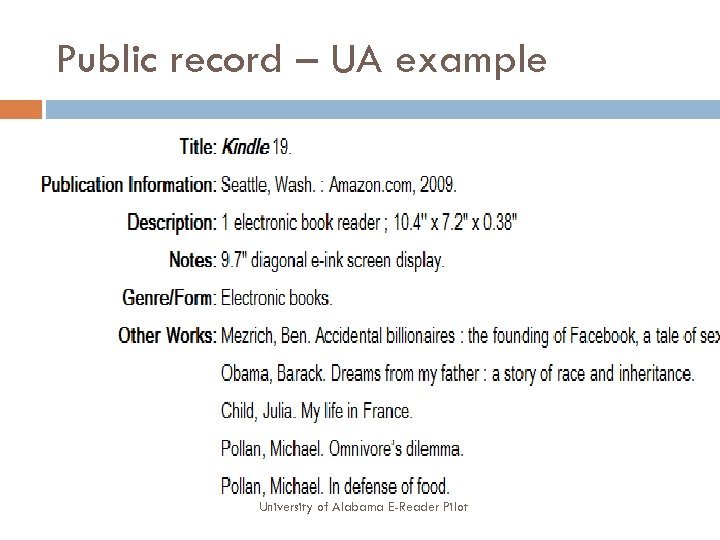 Public record – UA example University of Alabama E-Reader Pilot 
