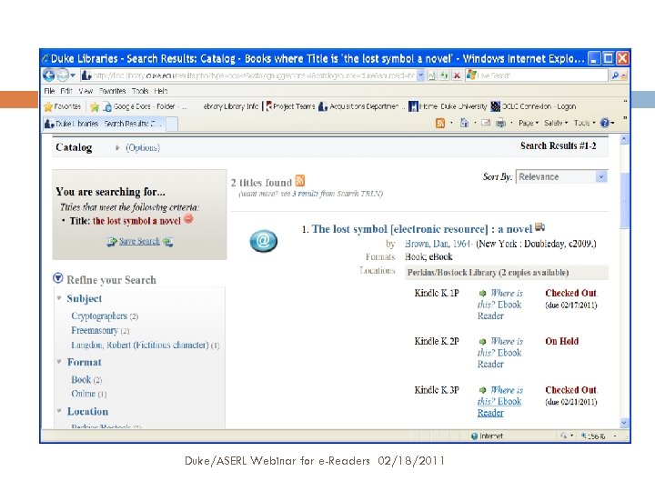 Duke/ASERL Webinar for e-Readers 02/18/2011 
