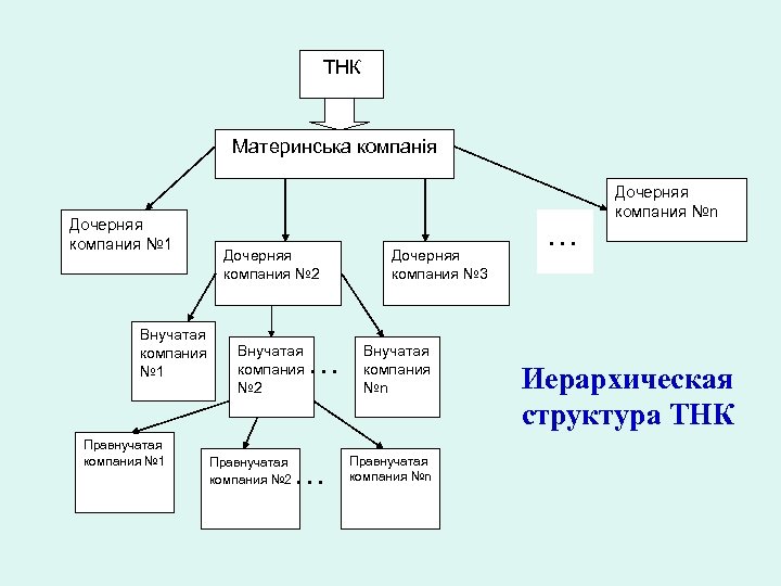 ТНК Материнська компанія Дочерняя компания № 1 Внучатая компания № 1 Правнучатая компания №