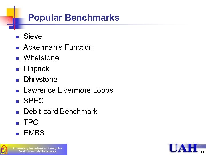 Popular Benchmarks n n n n n Sieve Ackerman’s Function Whetstone Linpack Dhrystone Lawrence