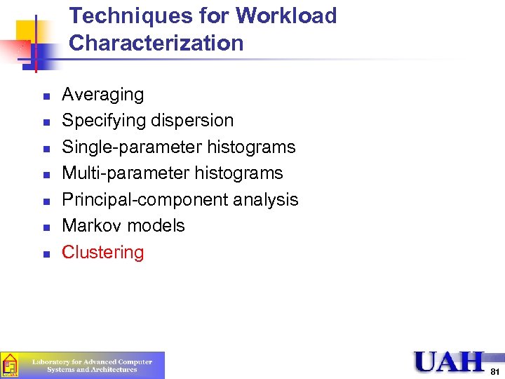 Techniques for Workload Characterization n n n Averaging Specifying dispersion Single-parameter histograms Multi-parameter histograms