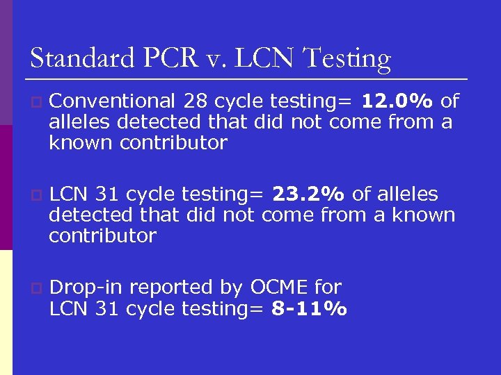 Standard PCR v. LCN Testing p Conventional 28 cycle testing= 12. 0% of alleles