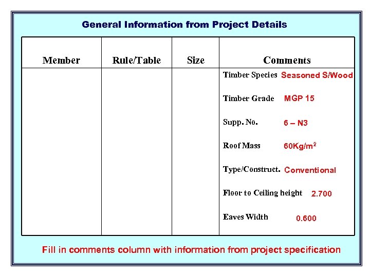 General Information from Project Details Member Rule/Table Size Comments Timber Species Seasoned S/Wood Timber