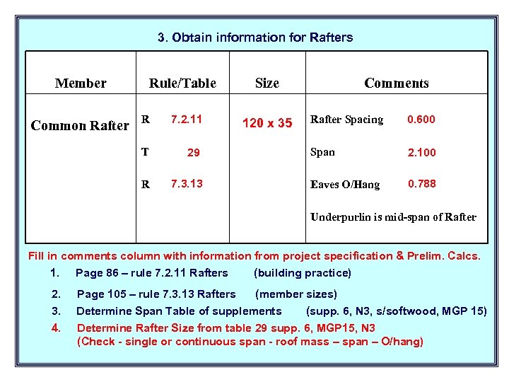 3. Obtain information for Rafters Member Rule/Table R 7. 2. 11 T 29 R
