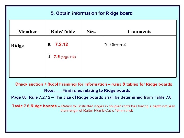 5. Obtain information for Ridge board Member Ridge Rule/Table R 7. 2. 12 Size