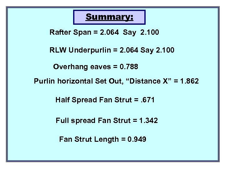 Summary: Rafter Span = 2. 064 Say 2. 100 RLW Underpurlin = 2. 064