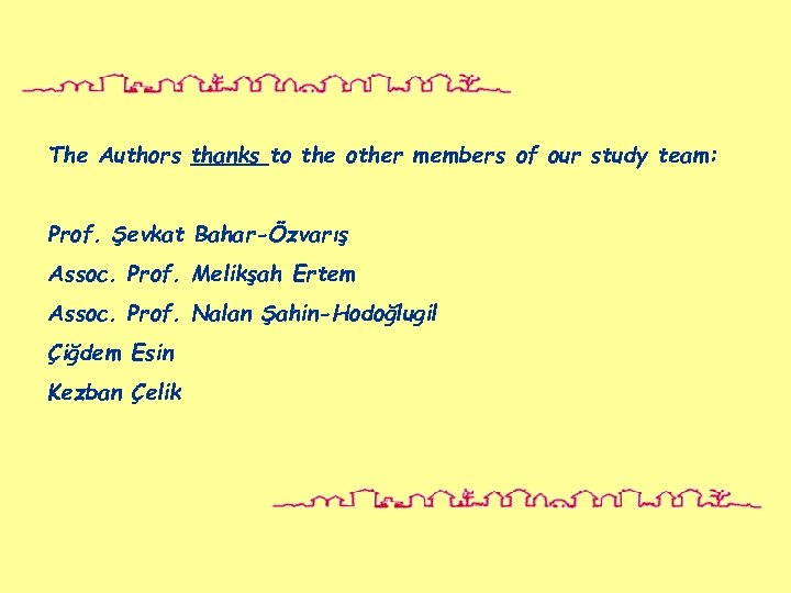 The Authors thanks to the other members of our study team: Prof. Şevkat Bahar-Özvarış