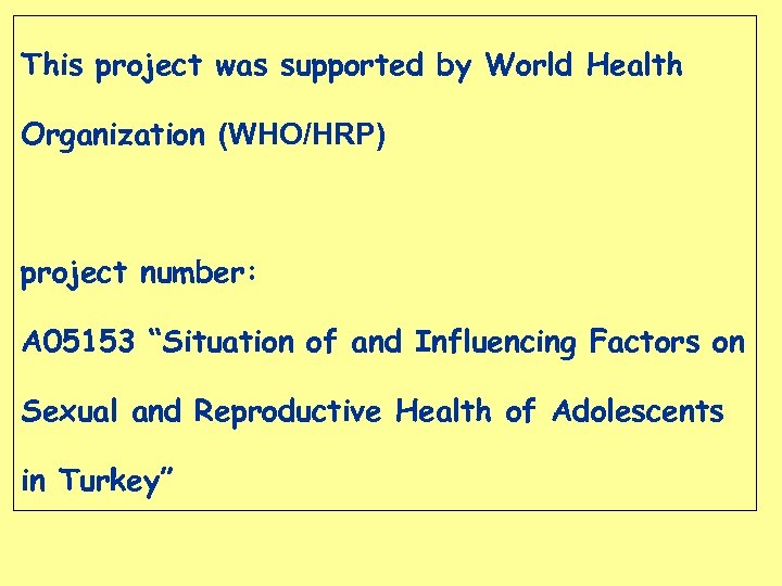 This project was supported by World Health Organization (WHO/HRP) project number: A 05153 “Situation