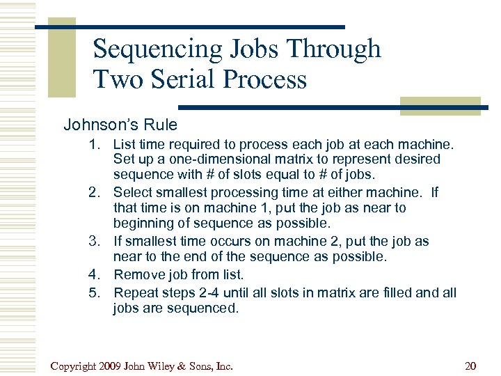 Sequencing Jobs Through Two Serial Process Johnson’s Rule 1. List time required to process