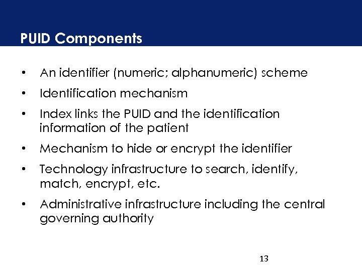 PUID Components • An identifier (numeric; alphanumeric) scheme • Identification mechanism • Index links