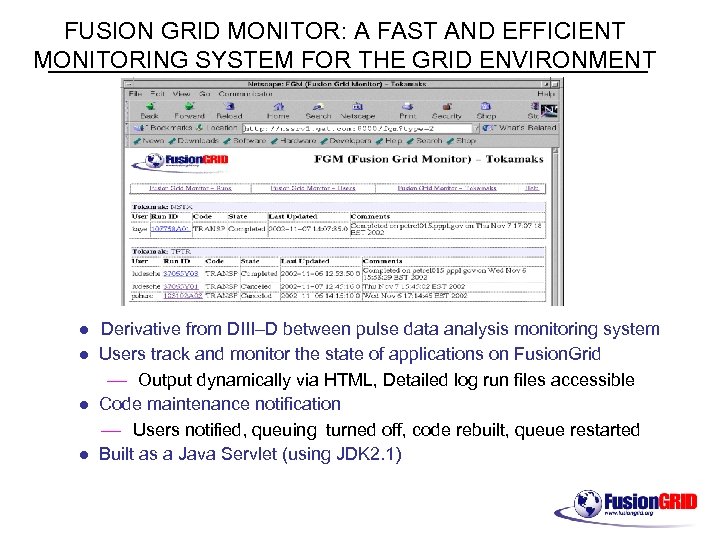 FUSION GRID MONITOR: A FAST AND EFFICIENT MONITORING SYSTEM FOR THE GRID ENVIRONMENT l
