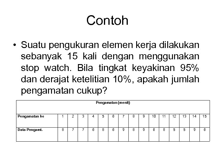 Contoh • Suatu pengukuran elemen kerja dilakukan sebanyak 15 kali dengan menggunakan stop watch.