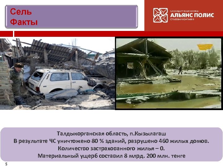 Талдыкорганская область, п. Кызылагаш В результате ЧС уничтожено 80 % зданий, разрушено 460 жилых