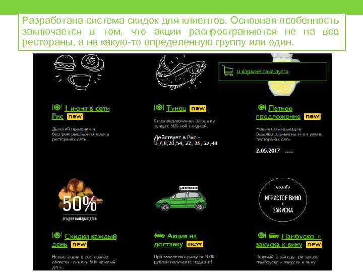 Разработана система скидок для клиентов. Основная особенность заключается в том, что акции распространяются не