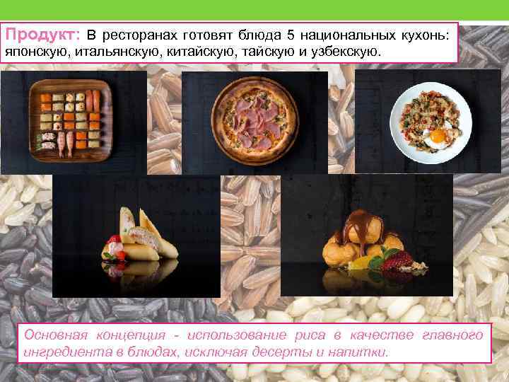Продукт: В ресторанах готовят блюда 5 национальных кухонь: японскую, итальянскую, китайскую, тайскую и узбекскую.