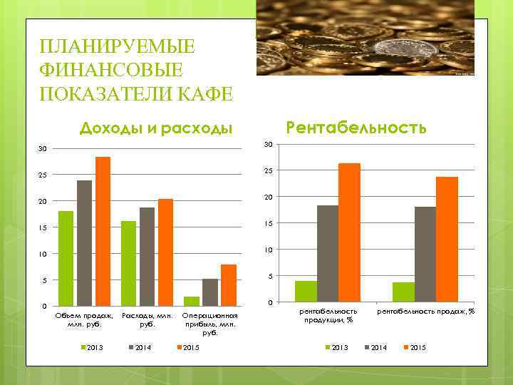 ПЛАНИРУЕМЫЕ ФИНАНСОВЫЕ ПОКАЗАТЕЛИ КАФЕ Рентабельность Доходы и расходы 30 30 25 25 20 20