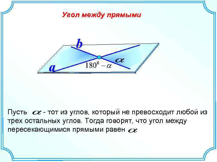 Угол между прямыми b a Пусть - тот из углов, который не превосходит любой