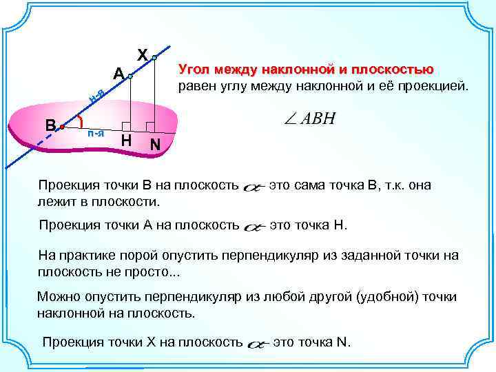 Наклонная перпендикуляр образующая. Угол между наклонной и плоскостью равен. Угол между проекциями наклонных. Угол между наклонными плоскостями. Как найти угол между наклонными.