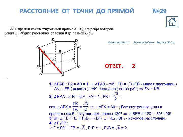 РАССТОЯНИЕ ОТ ТОЧКИ ДО ПРЯМОЙ Из выступления ОТВЕТ. № 29 Яшкина Андрея (выпуск 2011)