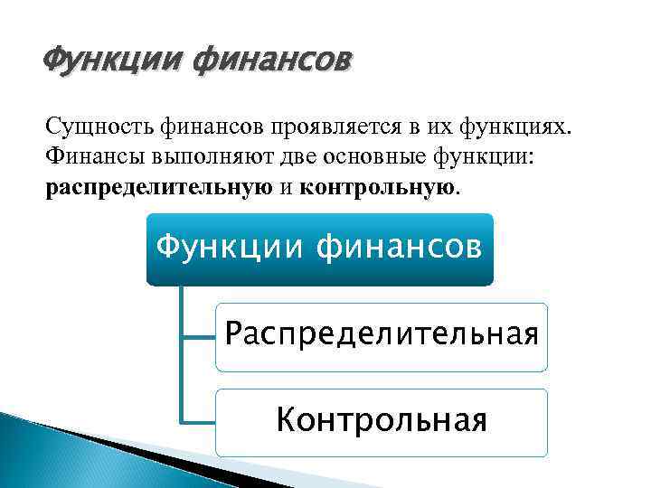 Функции финансов Сущность финансов проявляется в их функциях. Финансы выполняют две основные функции: распределительную