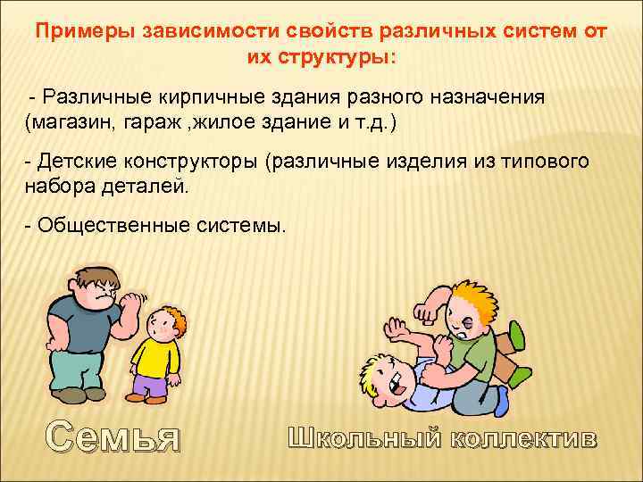 Примеры зависимости свойств различных систем от их структуры: - Различные кирпичные здания разного назначения