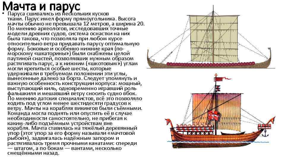 Мачта и парус • Паруса сшивались из нескольких кусков ткани. Парус имел форму прямоугольника.