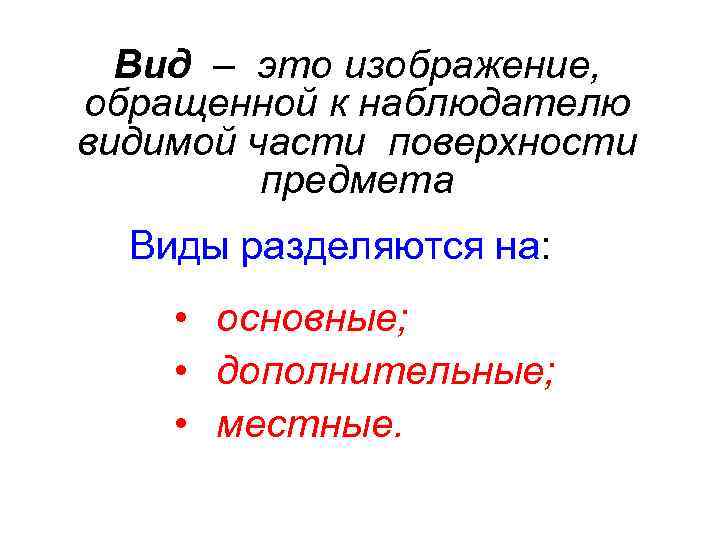 Вид – это изображение, обращенной к наблюдателю видимой части поверхности предмета Виды разделяются на: