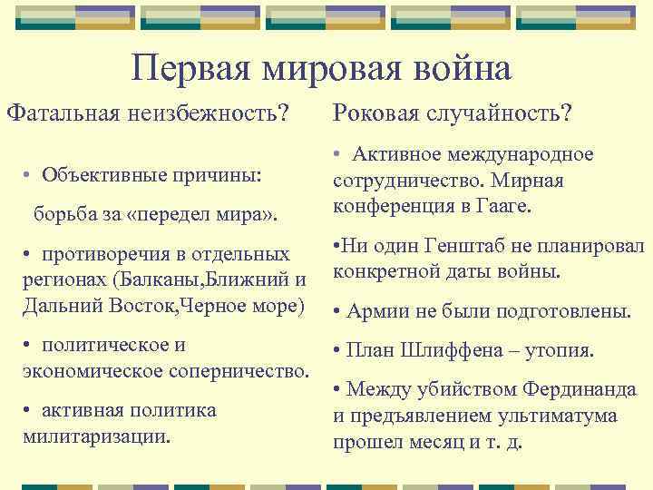 Первая мировая война Фатальная неизбежность? • Объективные причины: борьба за «передел мира» . Роковая
